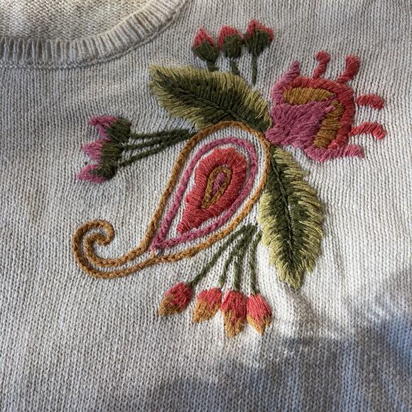 Vtg 80s 90s Pink White Floral Embroidered Knit Pullover Sz L Cottagecore - Picture 3 of 7